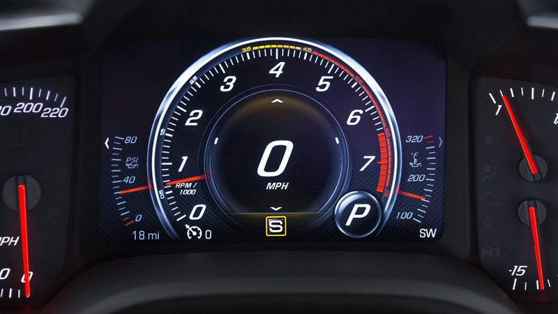 Digital gauge cluster of the 2018 Chevrolet Corvette showing RPM and MPH indicators