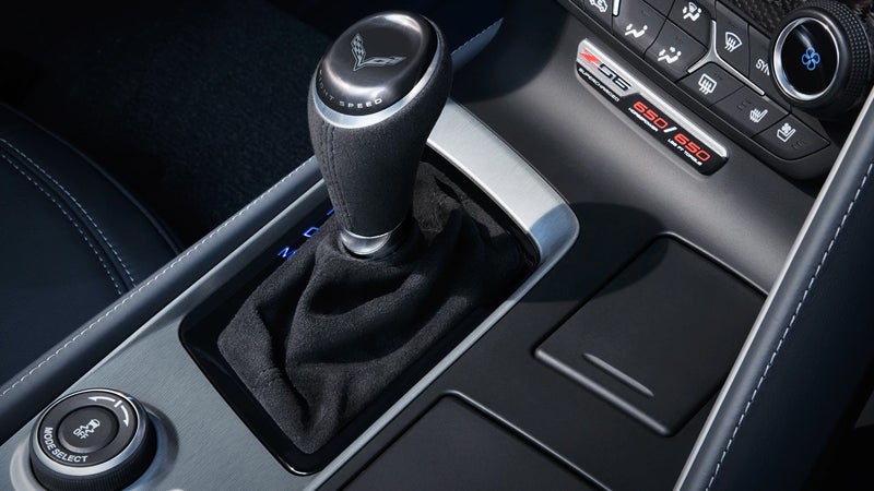 Close-up of gear shifter in the 2019 Chevrolet Corvette ZR1 interior with visible Corvette logo